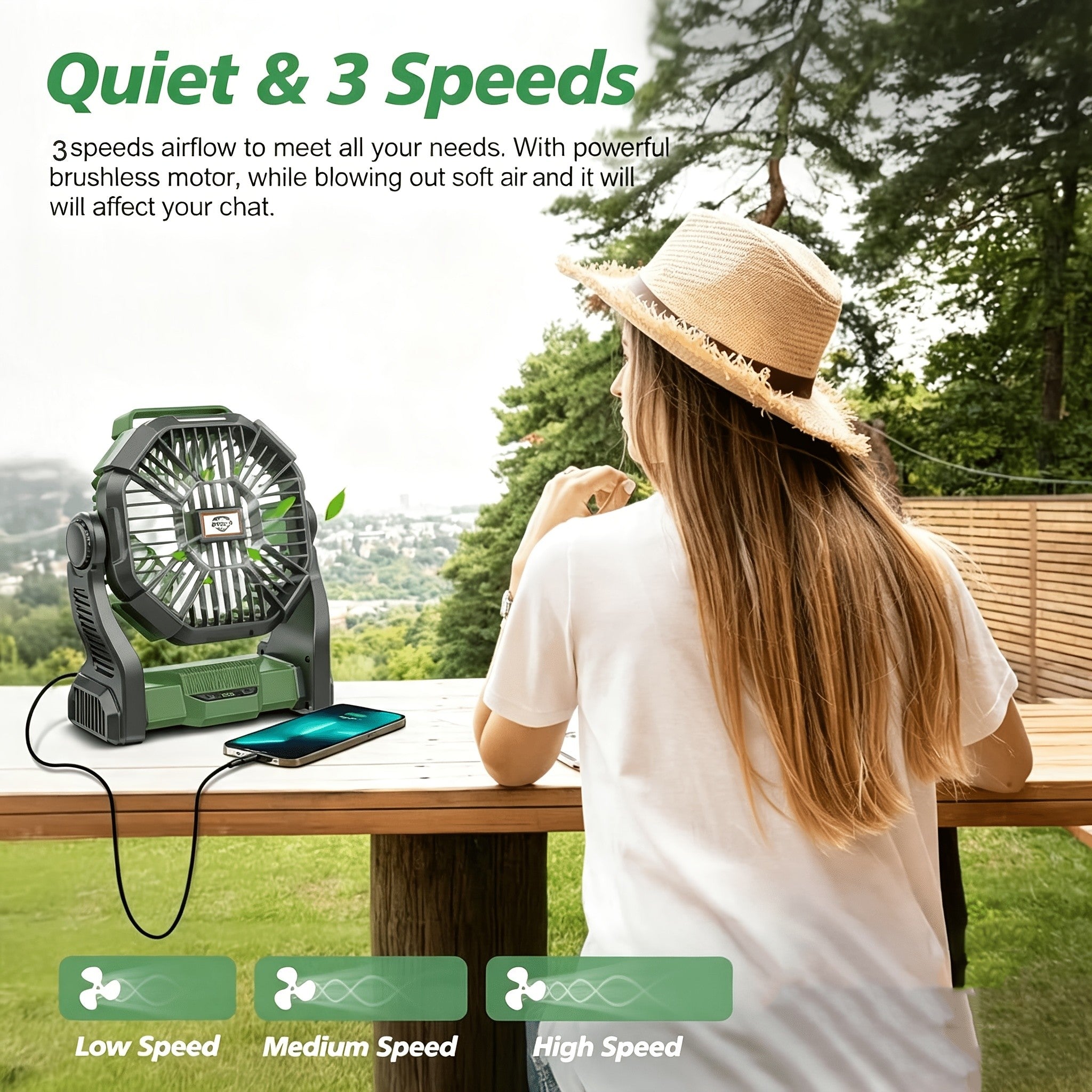 3-in-1 Portable Camping Fan with LED Light & Phone Charger - Rechargeable Battery Tent Fan with Hooks - Desktop Cooling Fan for Camping Patio Travel Sports Events Power Outages