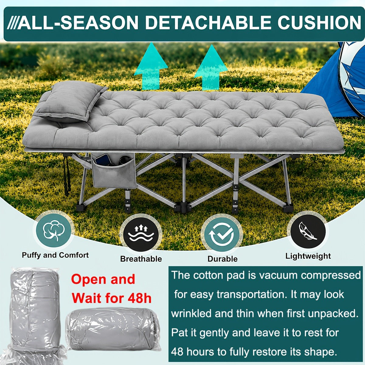 Folding Camping Cot with Mattress & Side Pockets - Heavy Duty Portable Adult Sleeping Bed, Foldable Guest Cot for Camping, Backyard, Patio, Office & RV, Compact Easy Fold