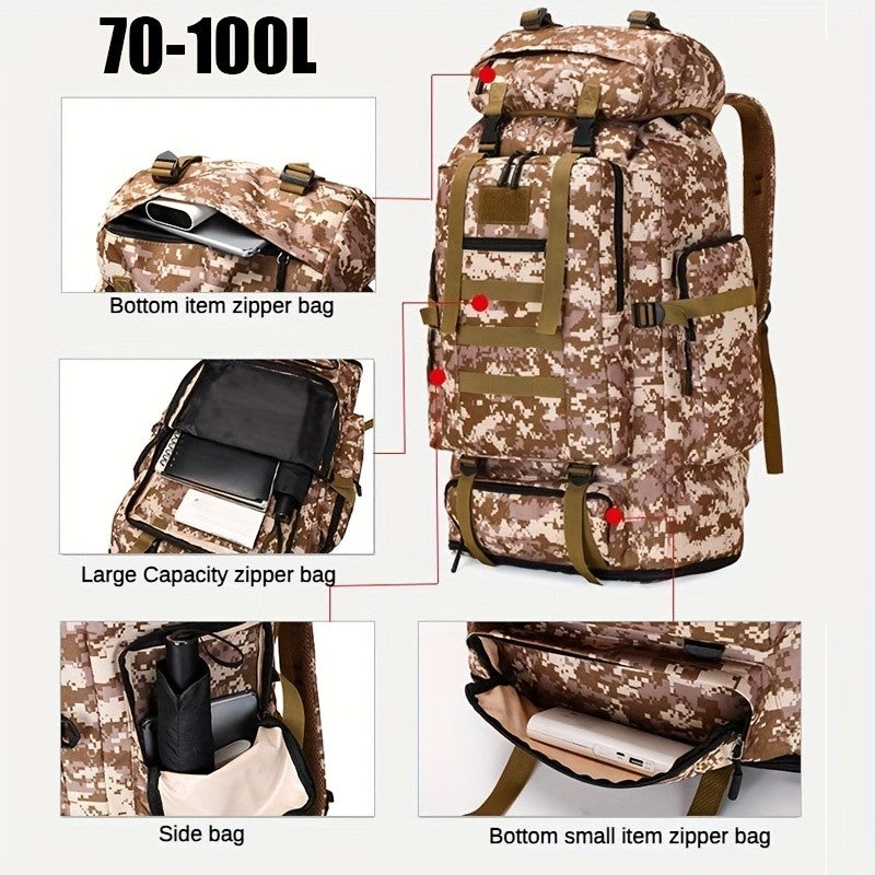 Large Capacity Hiking Camping Mountaineering Backpack 100L Expandable Outdoor Travel Pack Jungle Camo Black