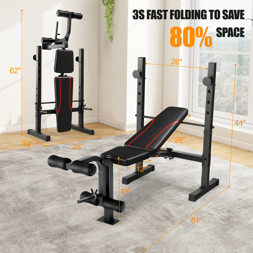 Weight Bench Set with Squat Rack – Adjustable Foldable Workout Bench Press, Leg Developer & Preacher Curl Pad for Home Gym Full Body Training | 800–1200 LBS Capacity | Black, Red, Pink