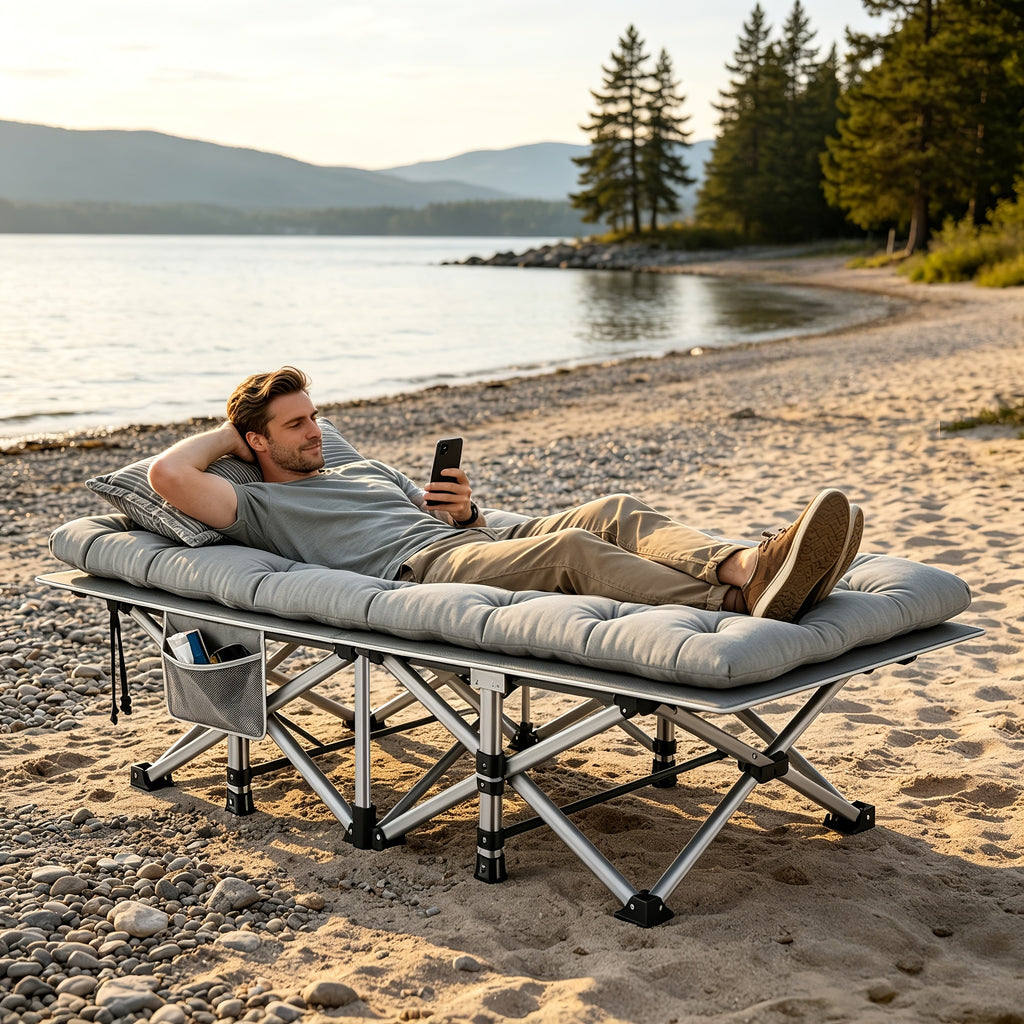 Extra Large Folding Camping Cot Bed with Mattress Option – Heavy Duty 355–750 lbs Capacity Portable Guest Bed for Adults – Foldable Sleeping Cot for Camping Travel Indoor Outdoor Use 59–77 Inch