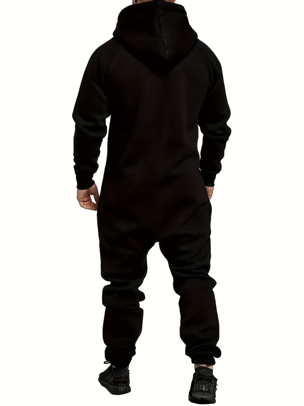 Men's Hooded Fleece Lined Jumpsuit Full Zip – Long Sleeve One Piece Romper with Kangaroo Pocket for Casual Sports Travel Fall Winter, Black Fern Green Red, S-XXXL