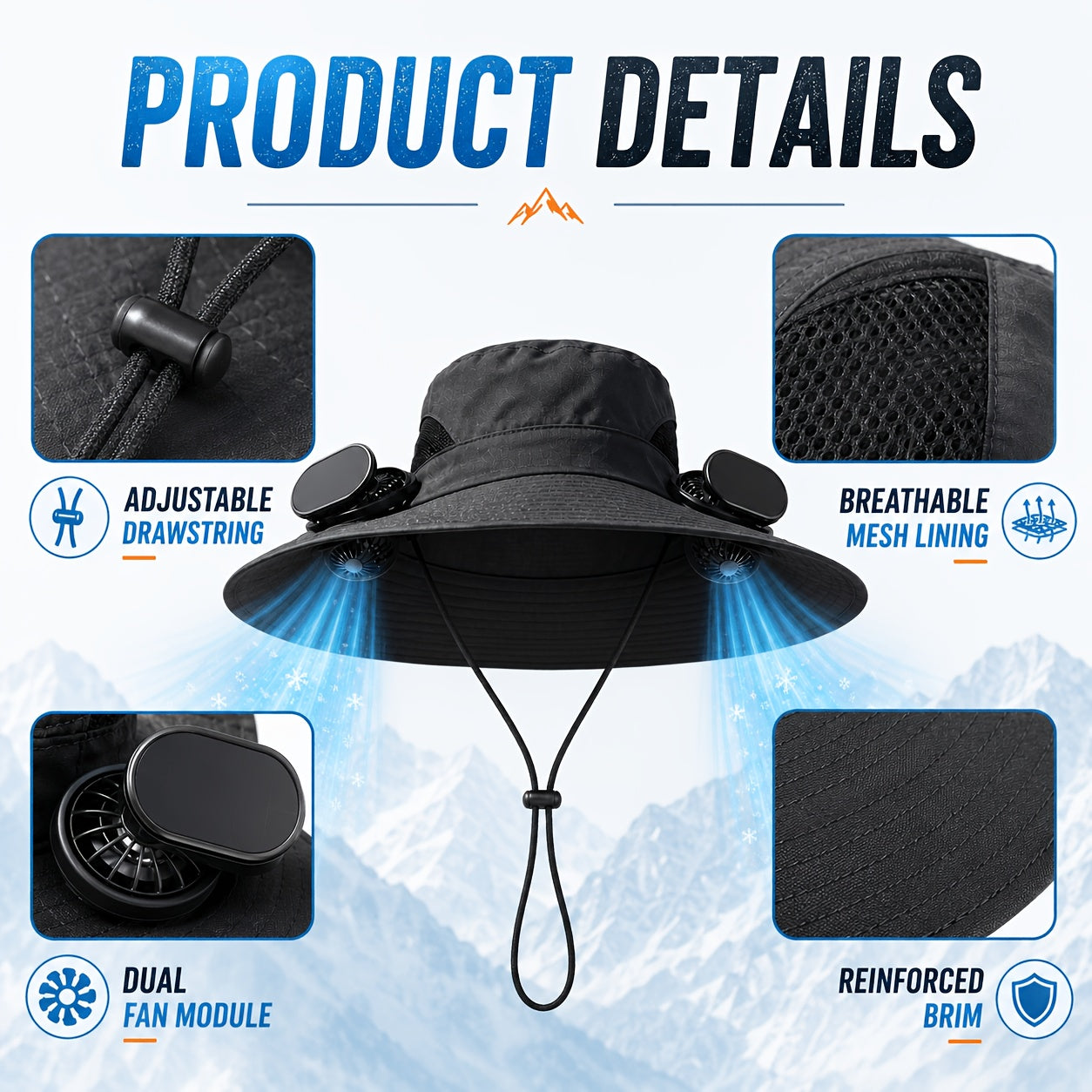 Solar Powered Cooling Fan Hat Wide Brim Dual Fans Adjustable Breathable Sun Hat for Men Women Outdoor Travel Garden Work Black Grey Khaki Camouflage