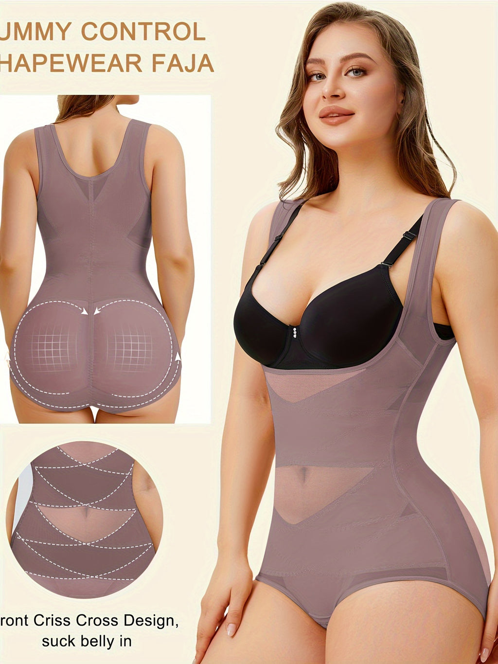 Women's Shapewear Bodysuit with Tummy Control – High-Waist Butt Lifter, U-Shape Push Up, Wide Straps, Breathable Nylon Body Shaper, 5 Colors, Sizes S-XXL