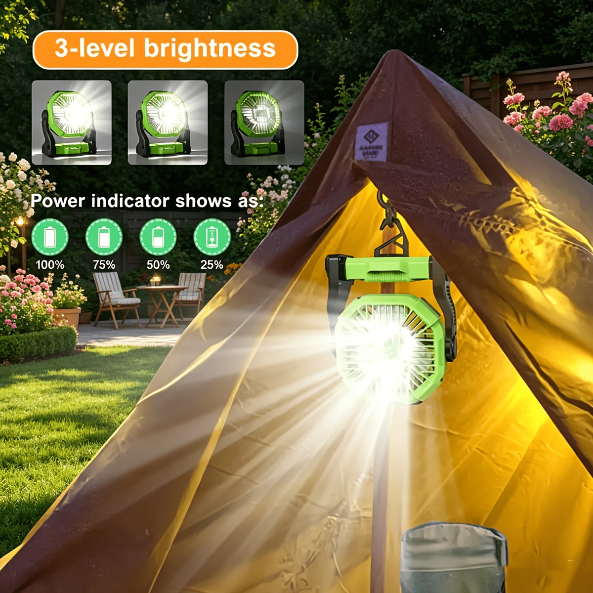 3-in-1 Portable Camping Fan with LED Light & Phone Charger - Rechargeable Battery Tent Fan with Hooks - Desktop Cooling Fan for Camping Patio Travel Sports Events Power Outages