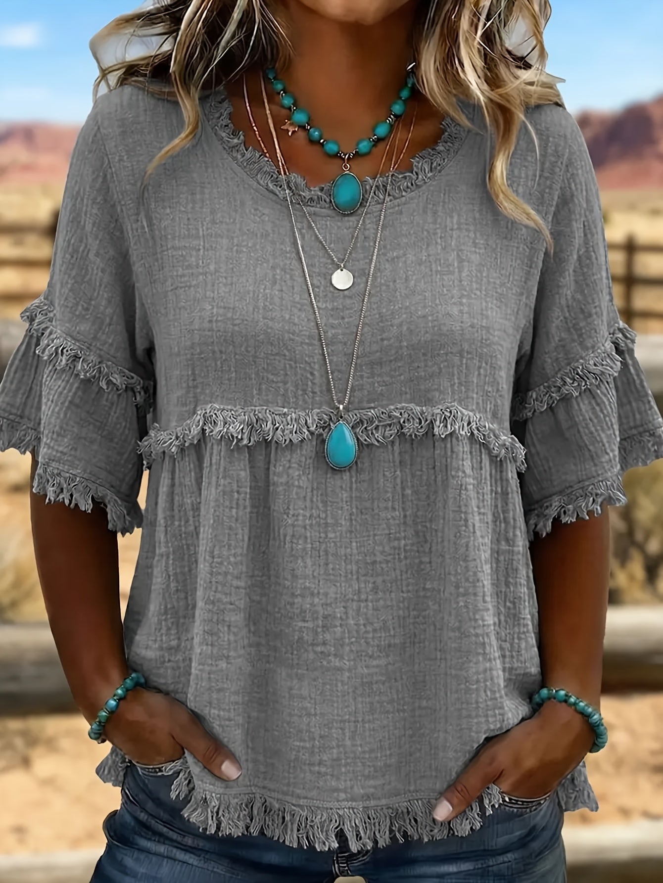 Women's Fringed Trim Short Sleeve Casual Blouse – Soft Knit Crew Neck Top for Summer, Beach & Everyday Wear | Royal Blue, Aquamarine, Sky Blue, Grey, Green (S-XXL)