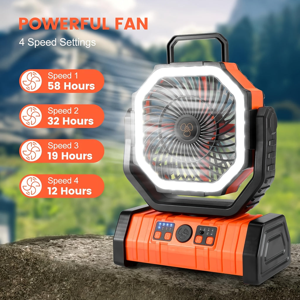 FX13 20000mAh Camping Fan with Built-in LED Light Rechargeable USB Portable Outdoor Fan with Tent Hook for Power Outage Construction Site Camping Gear Orange Upgraded