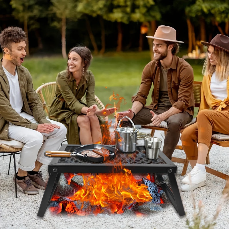 Heavy Duty Bonfire Campfire Grill for Outdoor Camping - Portable BBQ Grill with Firewood Rack, Storage Bag, Food Clips & Cleaning Cloth, RV Picnic Backyard Grill, Gift for Men