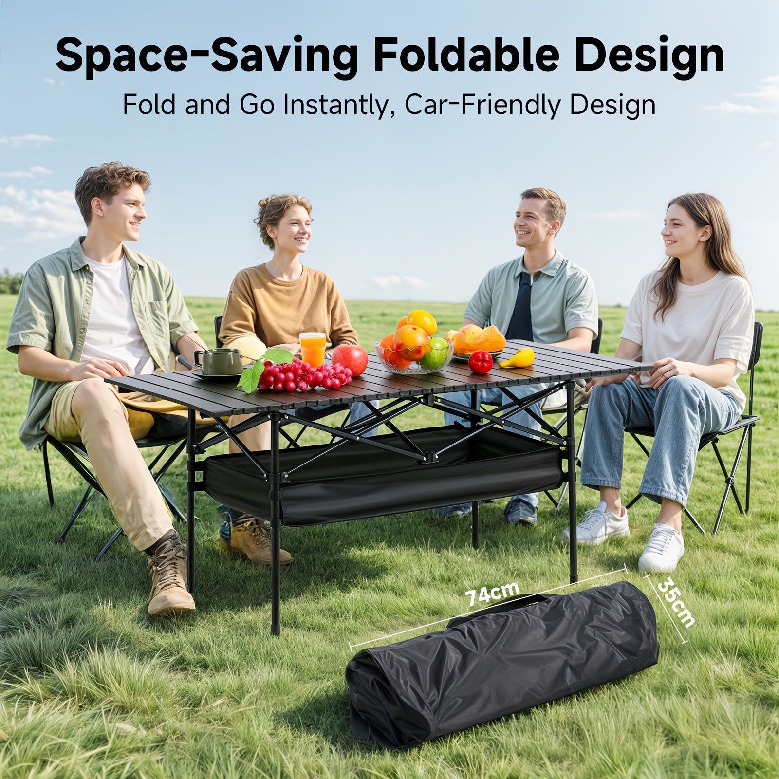 Folding Camping Table Portable Aluminum Height Adjustable with Rolling Wheels – Lightweight Outdoor Table with Mesh Storage Bag & Carry Bag for Camping, Beach, Backyard, BBQ, Patio & Picnic