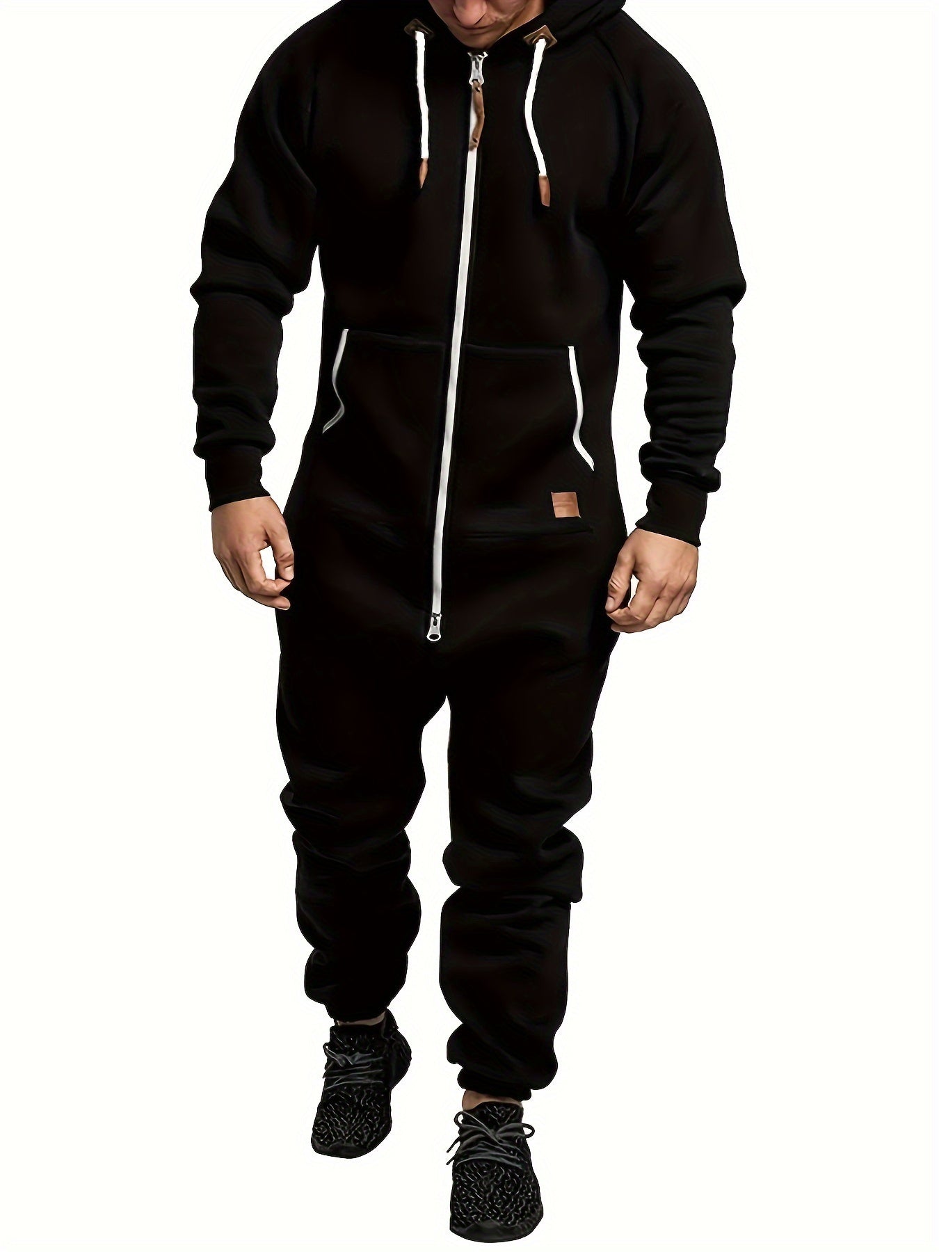 Men's Hooded Fleece Lined Jumpsuit Full Zip – Long Sleeve One Piece Romper with Kangaroo Pocket for Casual Sports Travel Fall Winter, Black Fern Green Red, S-XXXL