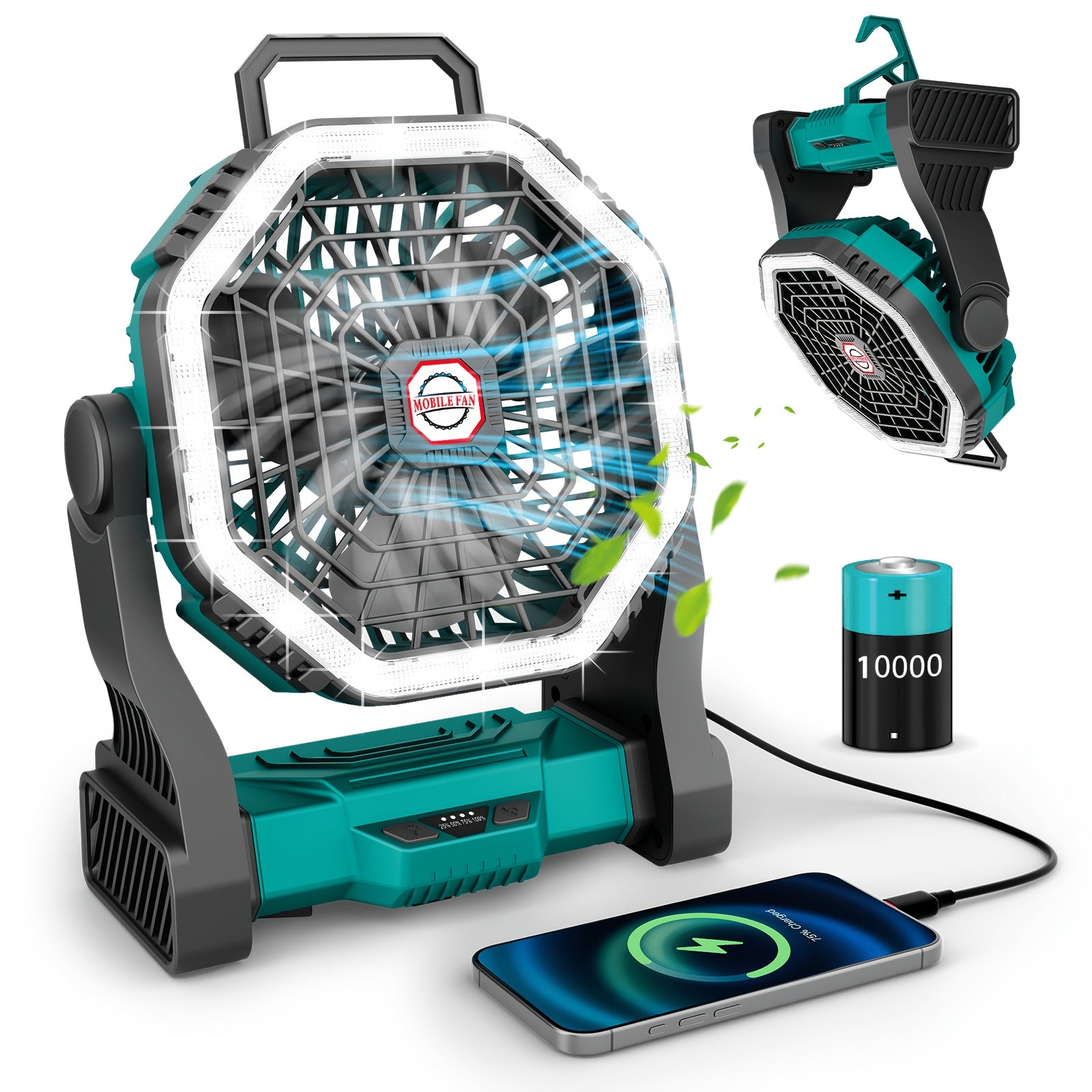 Camping Fan with LED Light Rechargeable USB Battery 4-Speed 3 Lighting Modes Hanging Rope Tent Outdoor Travel Indoor Portable