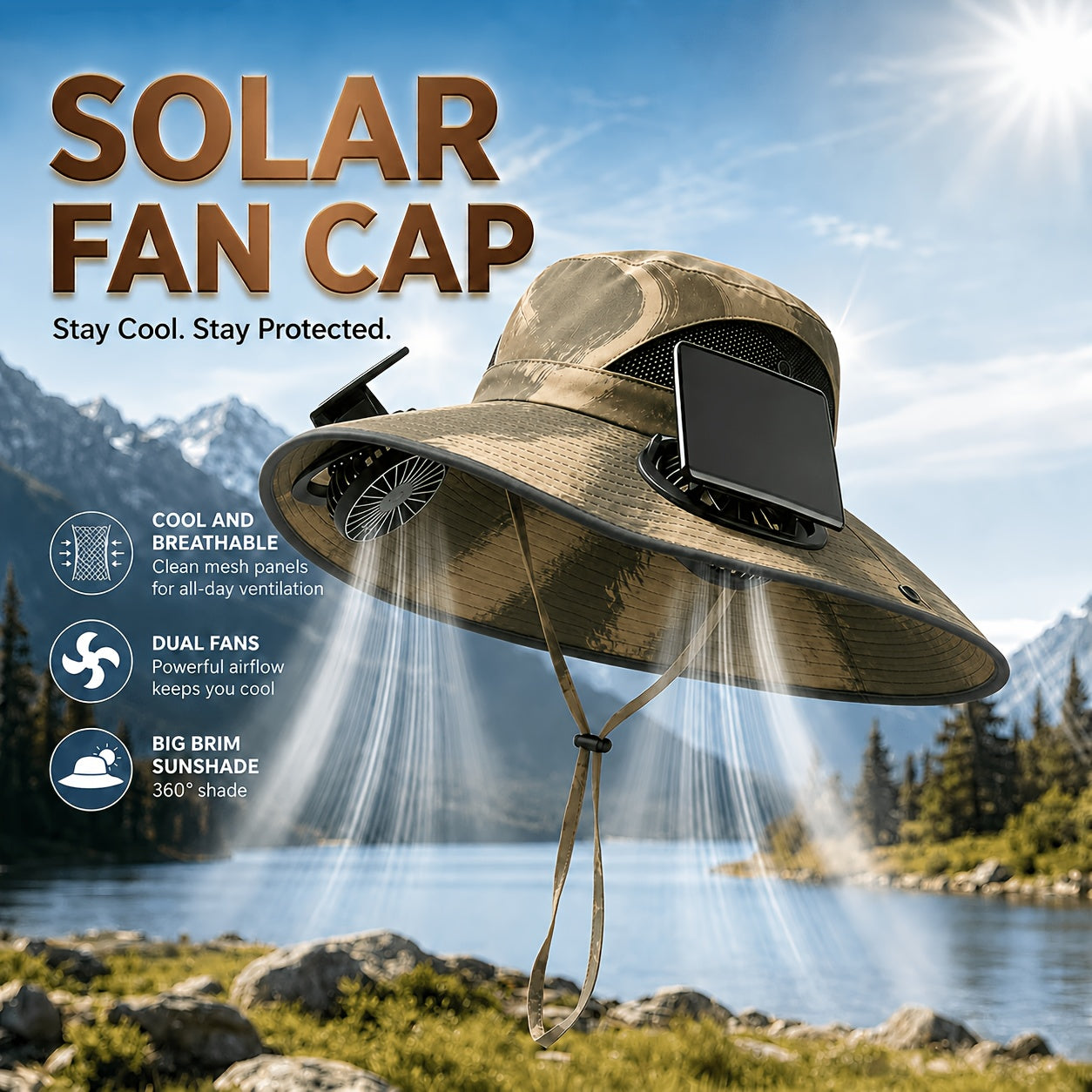 Solar Fan Hat with 2 Built-In Fans – Breathable Wide Brim Sun Hat for Men & Women | Adjustable Wind Speed & Strap for Gardening, Travel, Hiking & Summer Outdoor Activities