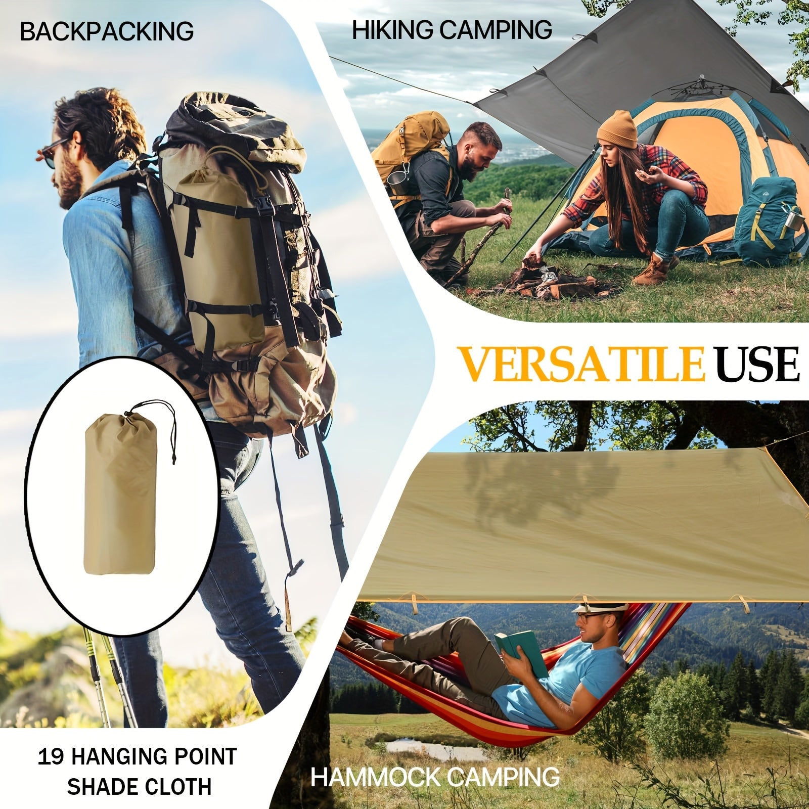 Multifunctional Waterproof Camping Tarp 6 Person – 19 Tethering Points Survival Tarpaulin, Rain Fly, Sunshade & Hammock Tent for Hiking, Backpacking, Cycling & All-Season Outdoor Use