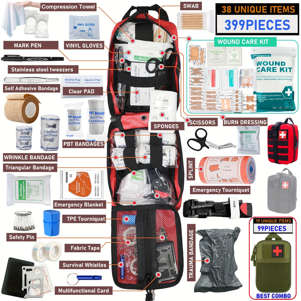 First Aid Kit 399-Piece Professional Portable Survival Gear for Hiking Camping Hunting Car Boat Travel Emergency Disaster Preparedness Gift for Men