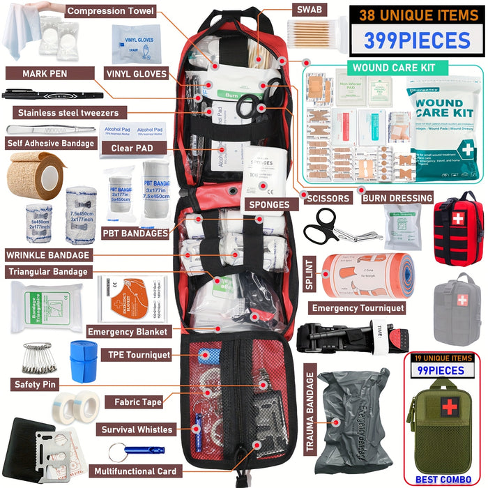 First Aid Kit 399-Piece Professional Portable Survival Gear for Hiking Camping Hunting Car Boat Travel Emergency Disaster Preparedness Gift for Men