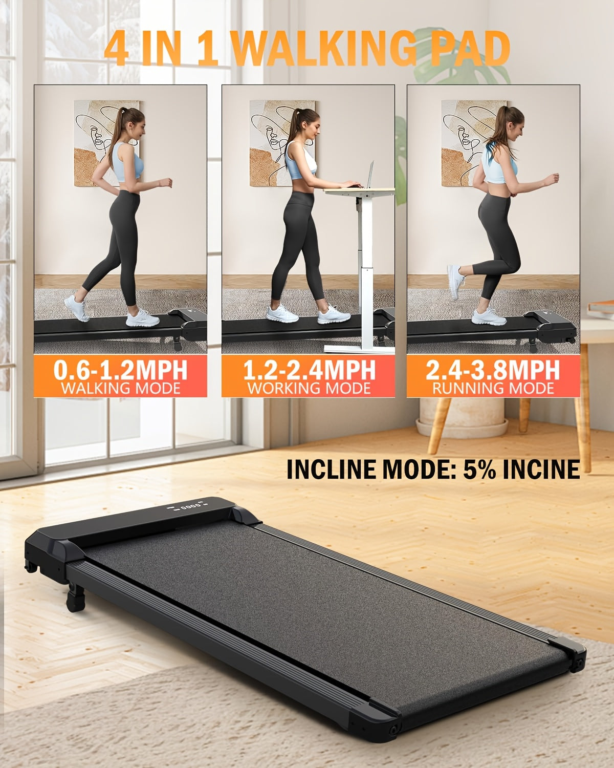 Foldable Treadmill Walking Pad with Incline & Handles – 300 Lbs Capacity, Portable Under Desk Compact Design for Home Gym & Office, Quiet Low-Impact Cardio Machine
