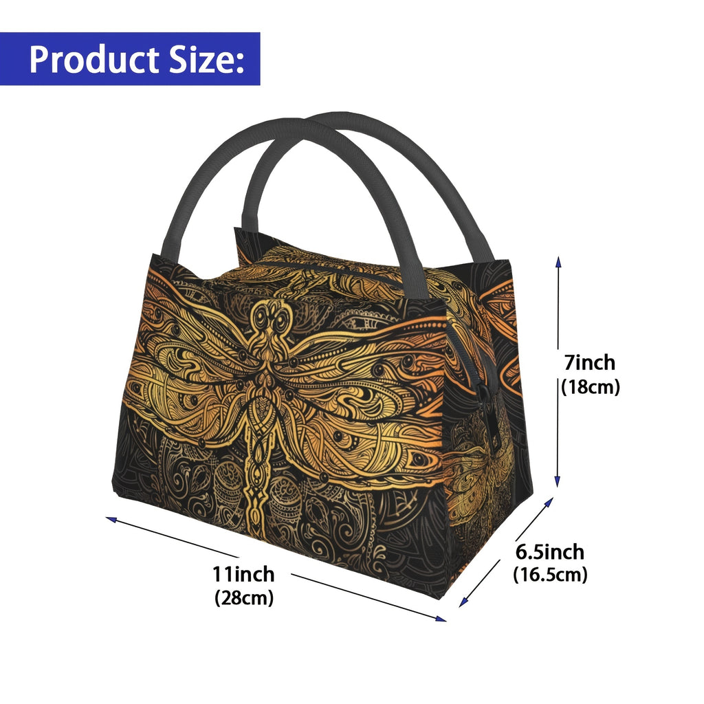 Mandala Dragonfly Insulated Cooler Bag Reusable Lunch Tote – Thermal Food & Drink Bag for Camping Picnic Beach Office Home Restaurant Workplace 11x6.5x7 Inch