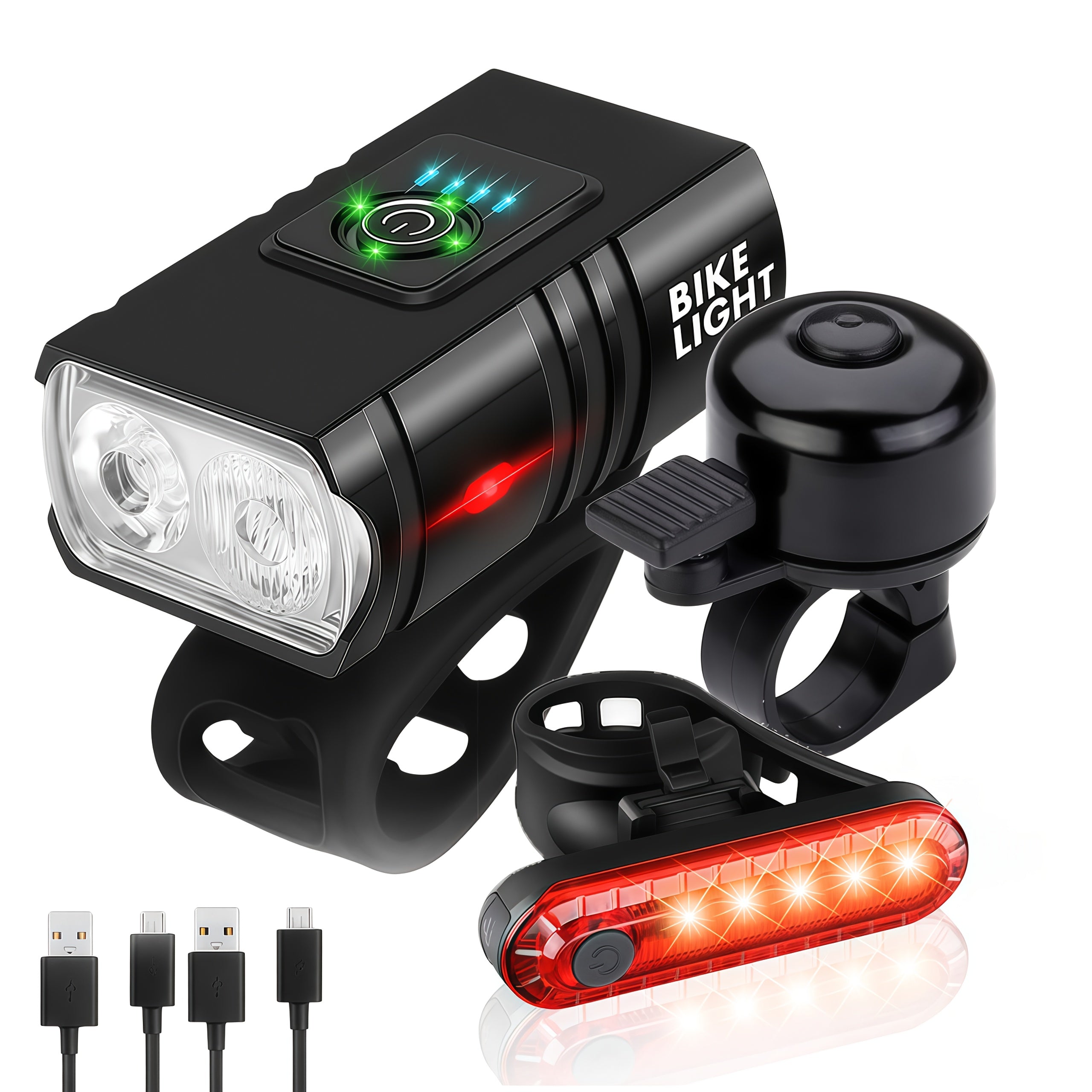 Bicycle Light Set USB Rechargeable – LED Headlight 6 Modes 180° + Taillight + Bell for Night Road Mountain Cycling Safety
