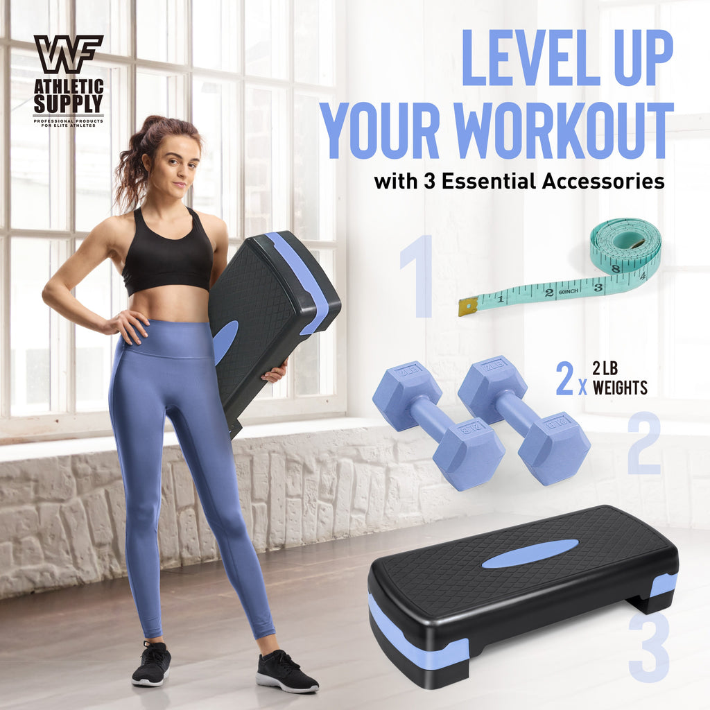 Aerobic Step Platform with Dumbbells Measuring Tape Adjustable Height 2 Level Risers Non-Slip Exercise Stepper Home Gym Workout 550LB Capacity Pink Green Blue