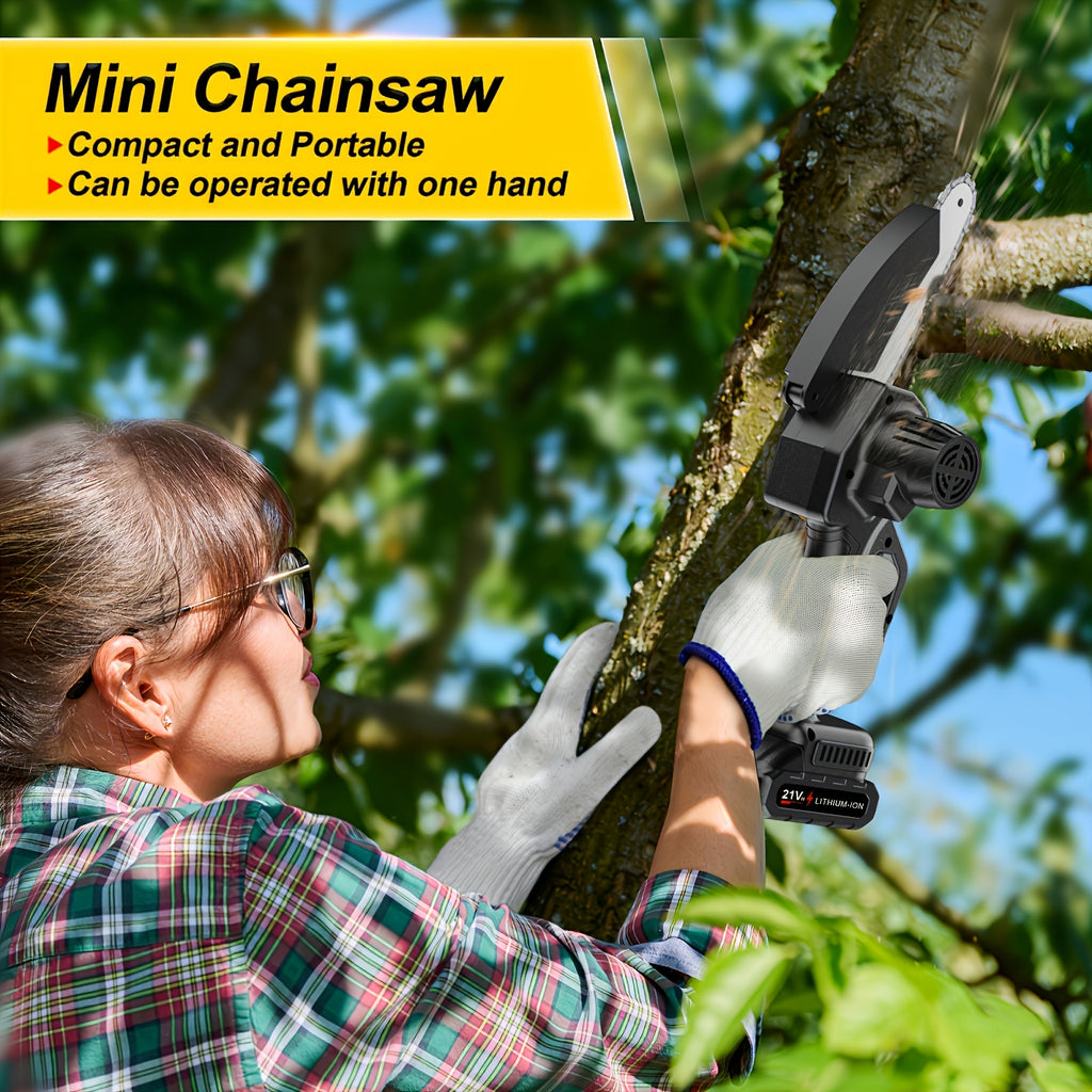 6-Inch Mini Chainsaw Cordless - Rechargeable Lithium Battery with Adjustable Chain, Safety Lock & Splash Guard, Multiple Bundle Options for Garden Branch Trimming, Tree Pruning & Gift