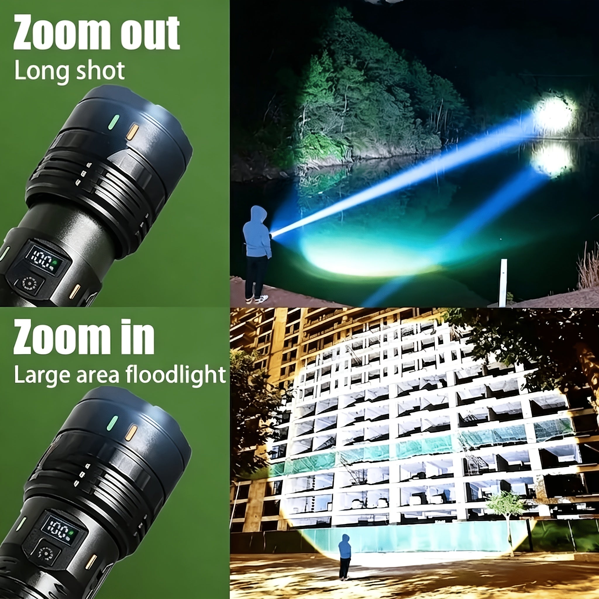 Tactical LED Flashlight 1500 Lumens Adjustable Zoom 200M Beam 4 Modes – Bright Handheld Torch for Camping, Hunting, Hiking, Farm Inspection & Emergency