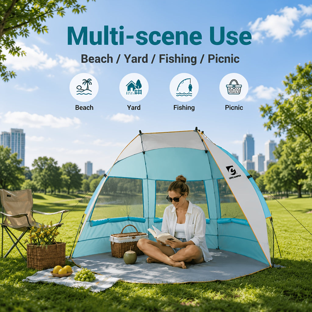 Beach Tent 3 Person UPF 50+ Sun Shelter with Waterproof PE Floor & Mesh Windows – Portable Pop Up Shade Canopy for Camping Fishing Yard