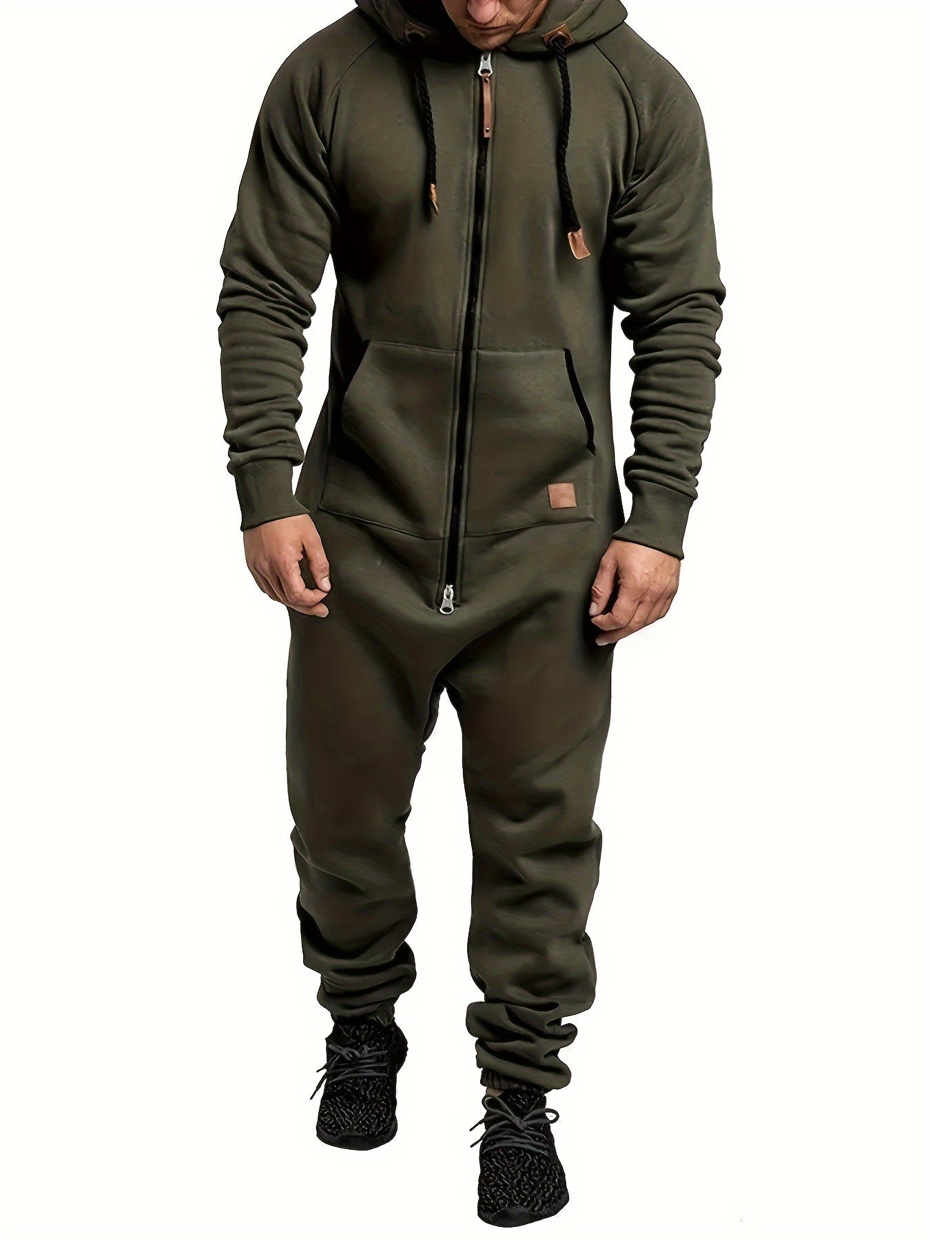 Men's Hooded Fleece Lined Jumpsuit Full Zip – Long Sleeve One Piece Romper with Kangaroo Pocket for Casual Sports Travel Fall Winter, Black Fern Green Red, S-XXXL