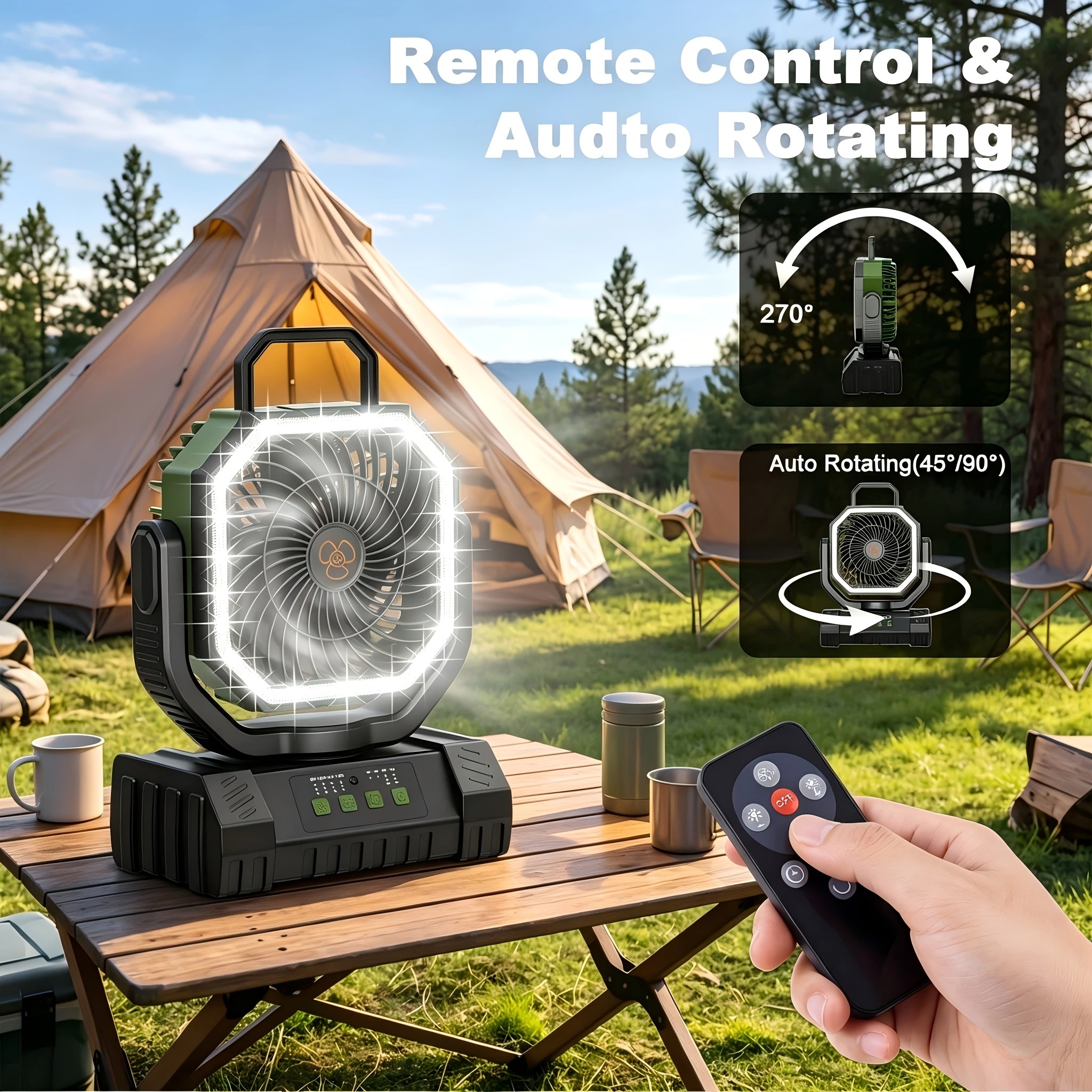 20000mAh Rechargeable Camping Fan 59-Hour Runtime Oscillating Tent Fan with Remote LED Lantern 4 Speeds USB Charging for Outdoor Patio Garage Power Outage Green Pink Orange