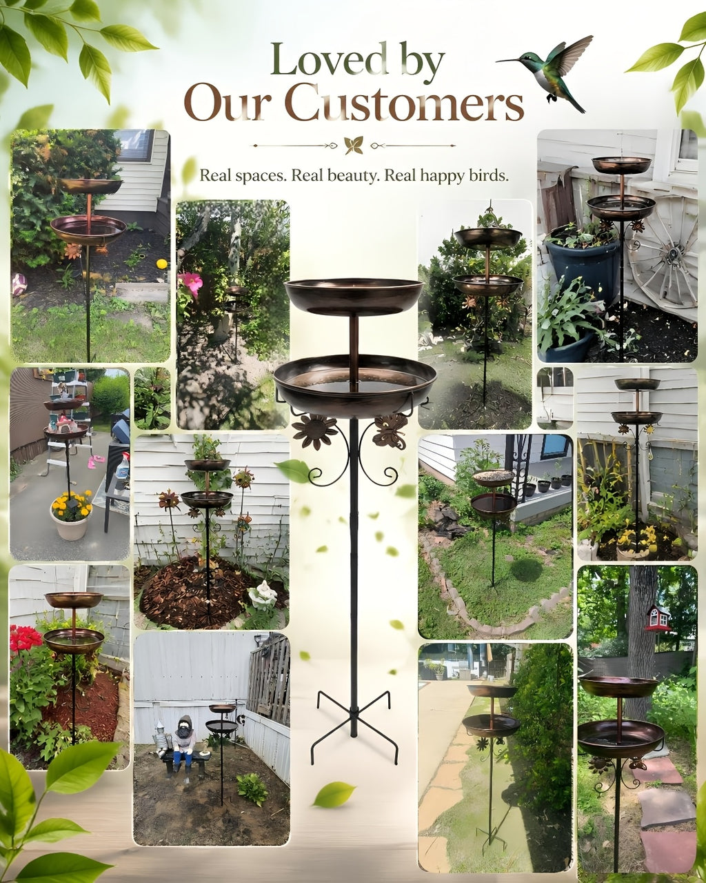 Bird Bath for Outdoor Garden - 42 Inch Heavy Duty Metal Double Layer Bird Bath & Feeder, Large Capacity Water Basin, 5-Claw Stable Base, Easy to Install & Clean, Copper Color Yard Decoration