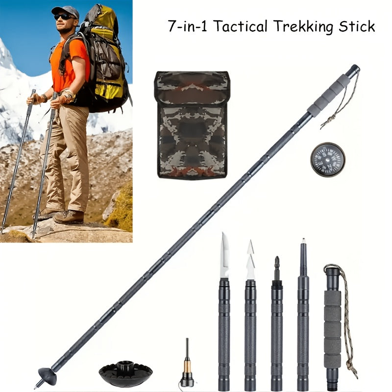 7-in-1 Tactical Hiking Staff Extendable Foldable Trekking Pole – Built-in Compass, Fire Starter, Saw Blade, Screwdriver & Pliers, Ergonomic Grip for Hiking, Camping & Survival