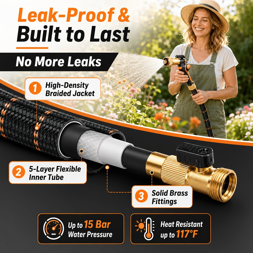 Expandable Garden Hose Kit 10-150FT Kink-Free Flexible Water Hose with 10-Pattern Spray Nozzle, Leak-Proof Super Fabric, Storage Strap – Lightweight Yard & Lawn Watering Set