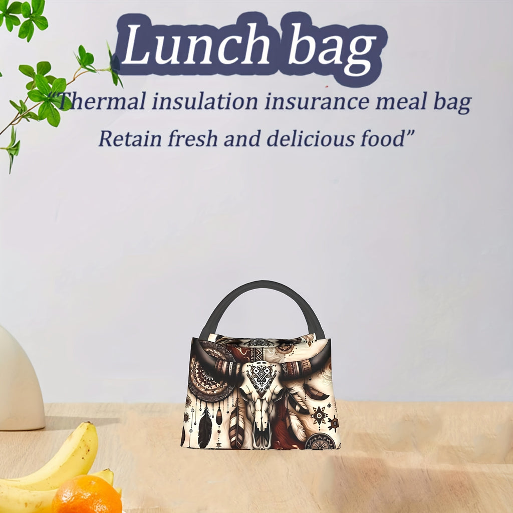Western Cowboy Insulated Lunch Bag - Cowhide Feather Floral Cooler Tote for Women, Reusable Lunch Box for Camping Beach Office Home, Birthday Holiday Gift