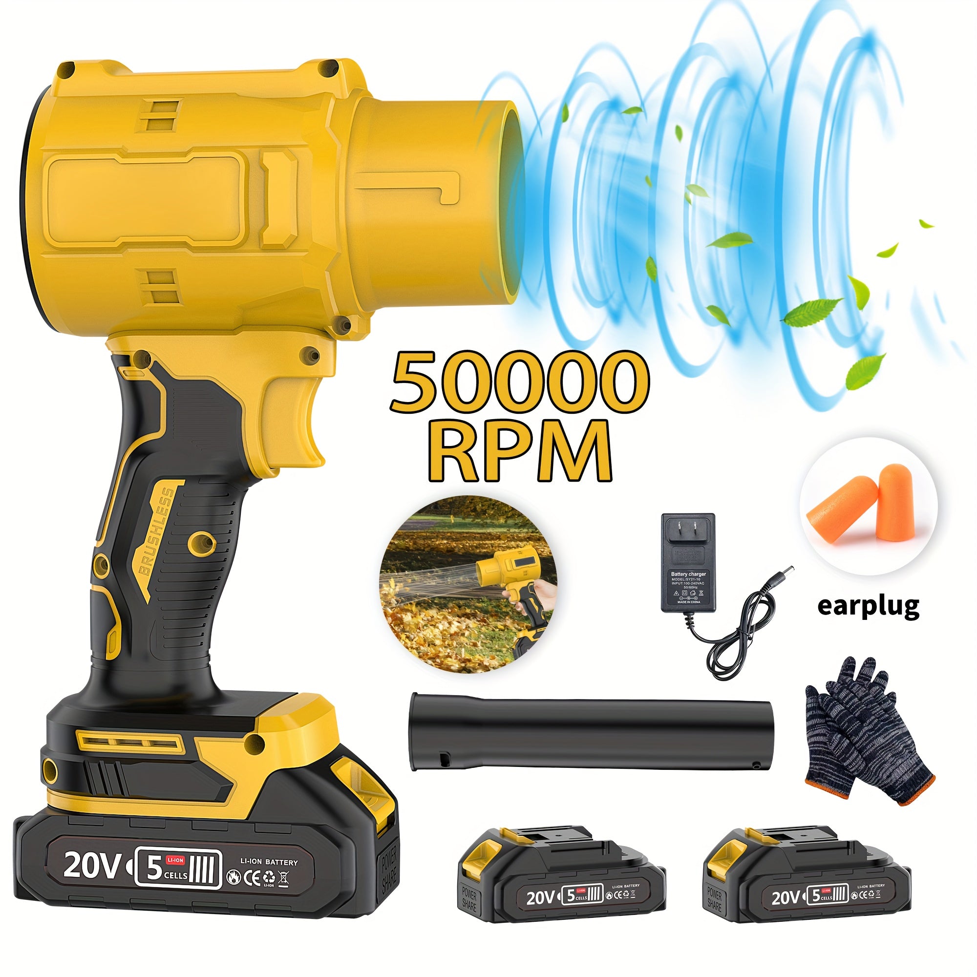 Cordless Leaf Blower 20V 50000RPM – Turbo Air Blower for Leaf Blowing, Snow Removal, Car Drying & Dust Cleaning, Rechargeable Lithium Battery, Lightweight Handheld Outdoor Tool