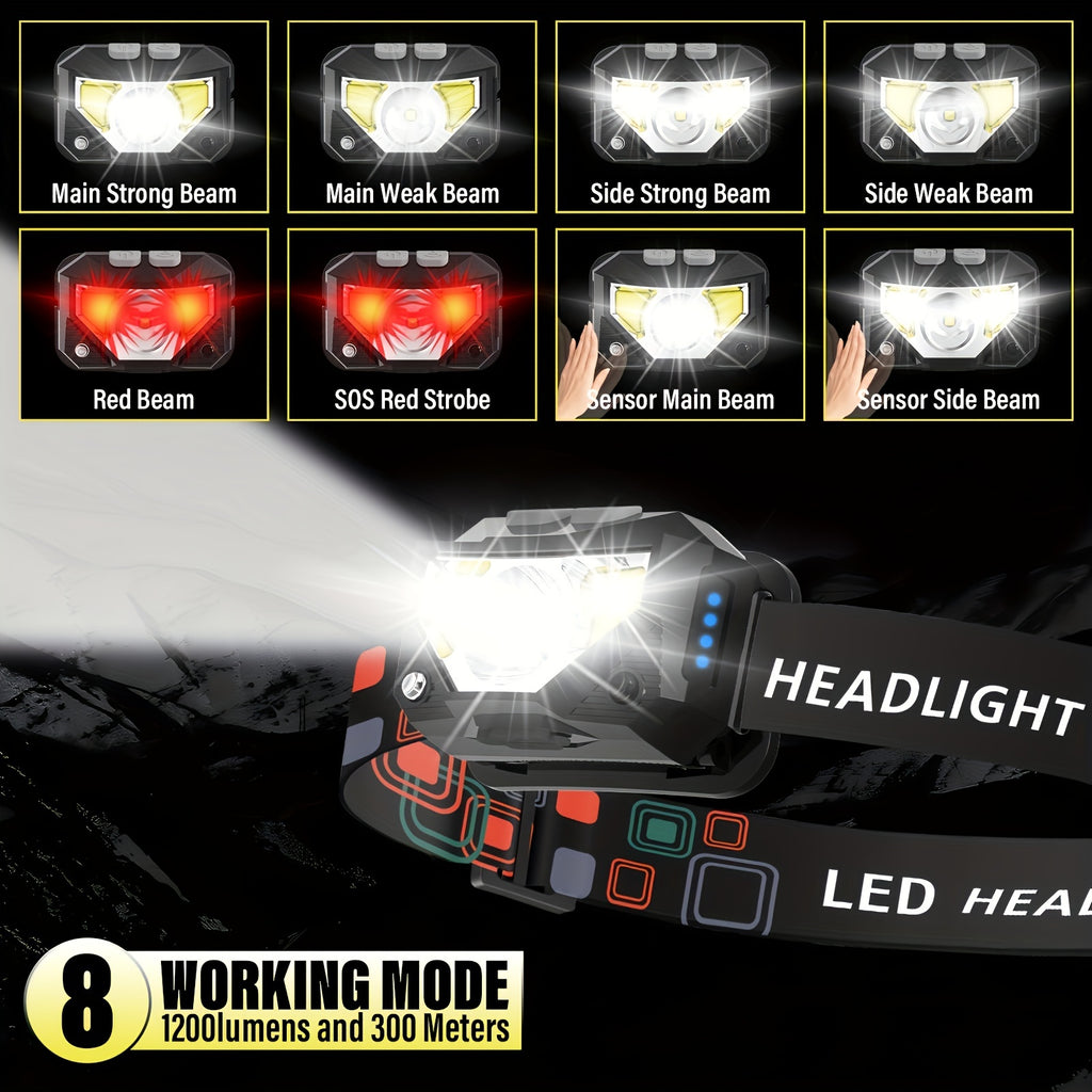 LED Headlamp 1200 Lumen Rechargeable 8 Modes with Red Light Sensor Headlight for Camping Hiking Fishing Cycling Emergency Work Light