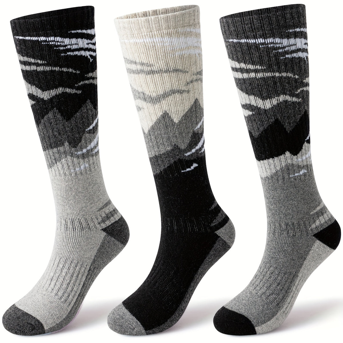 3-Pack Wool Ski Socks Knee High Thermal Winter Socks for Men & Women – Thick Warm Striped Socks for Skiing, Snowboarding & Outdoor Sports, M/L