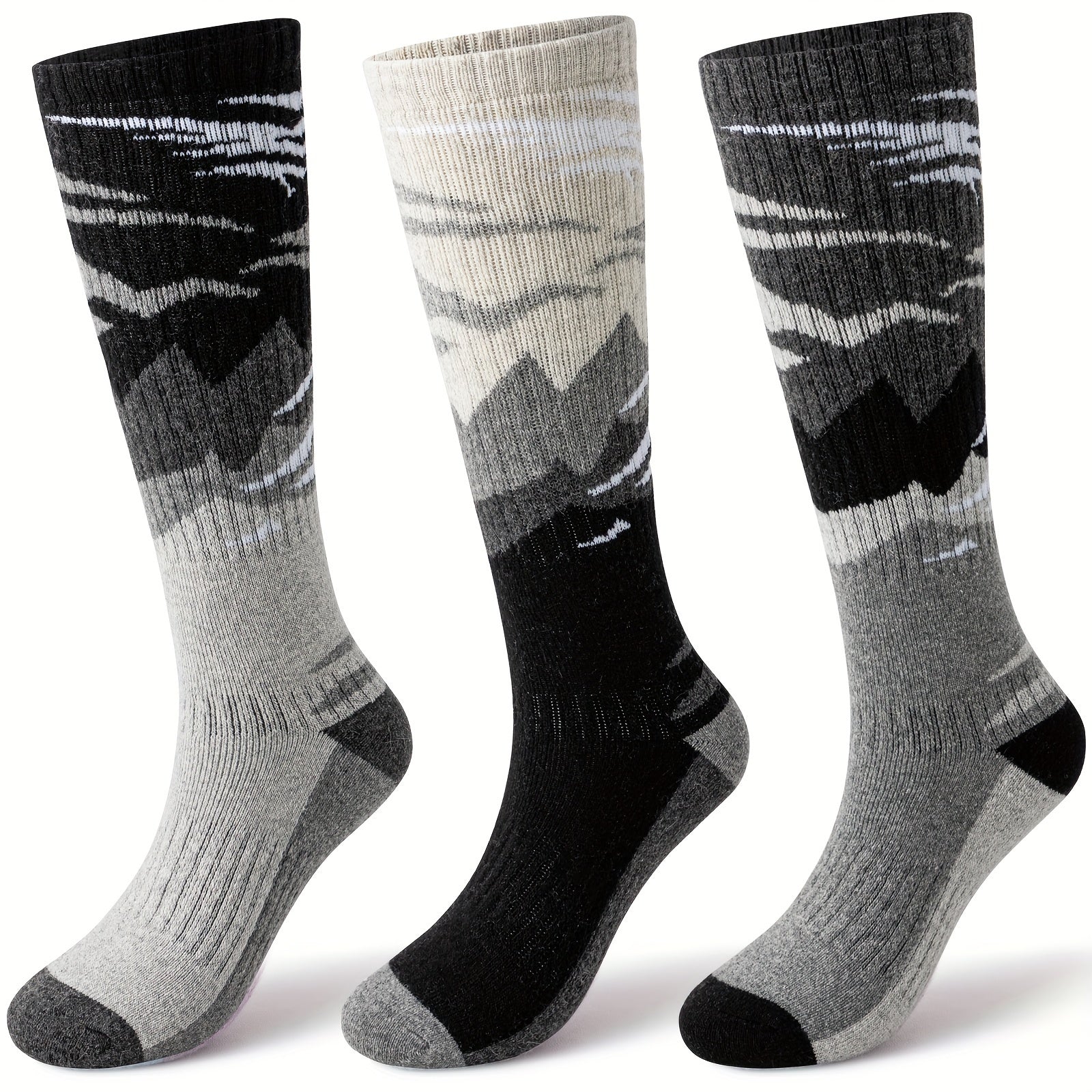 3-Pack Wool Ski Socks Knee High Thermal Winter Socks for Men & Women – Thick Warm Striped Socks for Skiing, Snowboarding & Outdoor Sports, M/L