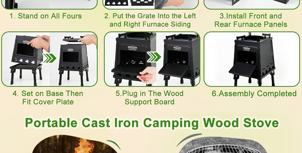 Wood Burning Camp Stove – Portable Cast Iron Outdoor Cooking Stove & Heater for Camping, Hiking, BBQ, Picnic, Off-Grid & Emergency Preparedness