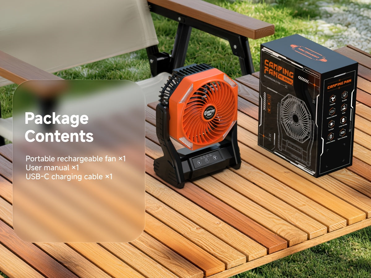 20000mAh Camping Fan with LED Light & Brushless Motor – Portable Outdoor Fan for Camping Hiking Picnic Emergency Use, 4 Speeds, 180° Oscillation, 22-26H Battery Life