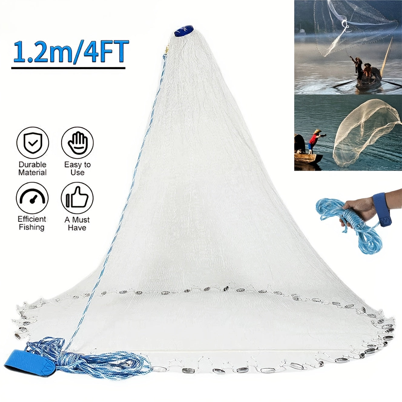 Cast Net for Fishing 8FT 10FT Easy Throw Copolymer Monofilament Mesh Zinc Sinkers 1.3cm Mesh 240 300 Steel Drop Saltwater Freshwater Bait Trapping Beginners Experts