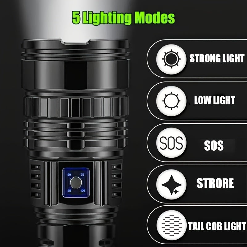 Super Bright COB Flashlight USB Rechargeable with Power Bank – 5 Modes Zoomable Handheld Torch, COB Tail Light, Extra-Large for Camping Hiking Emergency Outdoor Adventures