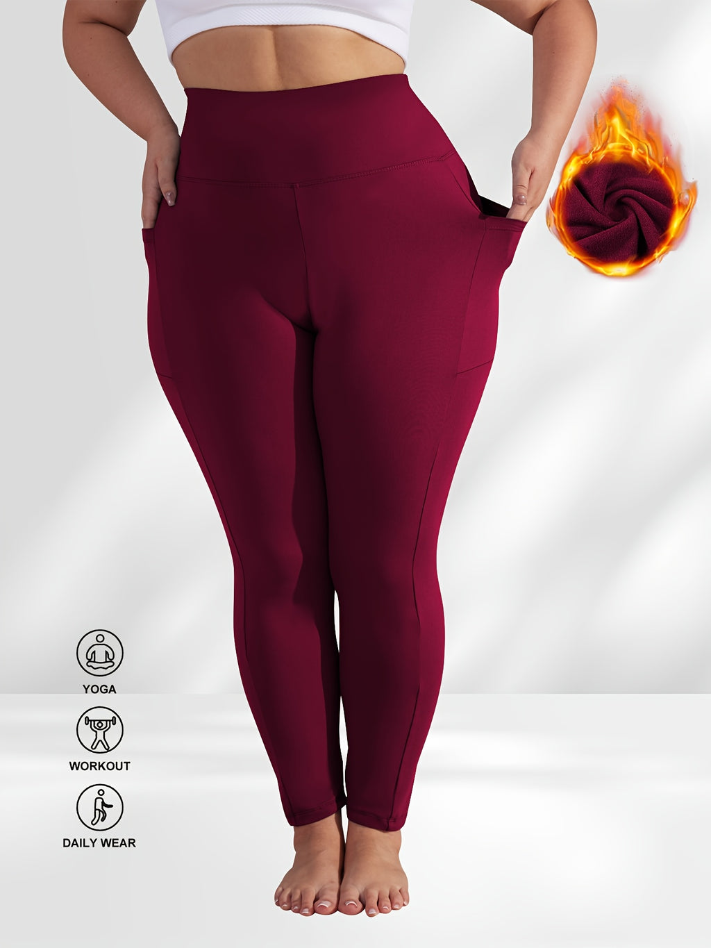Women's Plus Size Yoga Pants with Pockets – Warm Thermal Leggings, High Elasticity, Tight-Fit Sports Base Layer for Fall & Winter, 1XL-5XL
