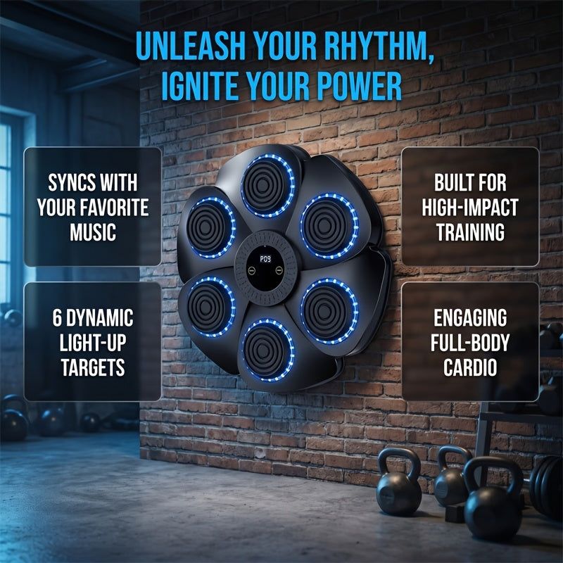 Wall-Mounted Wireless Boxing Machine 9-Speed Adjustable Punch Trainer with Counter LED Lights & Wireless Music – 6 Target Positions Home Gym Boxing Trainer with Gloves – Smart Boxing Pad for Adults