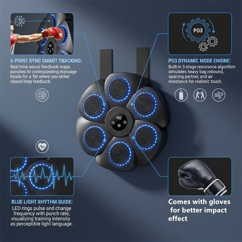 Wall-Mounted Wireless Boxing Machine 9-Speed Adjustable Punch Trainer with Counter LED Lights & Wireless Music – 6 Target Positions Home Gym Boxing Trainer with Gloves – Smart Boxing Pad for Adults