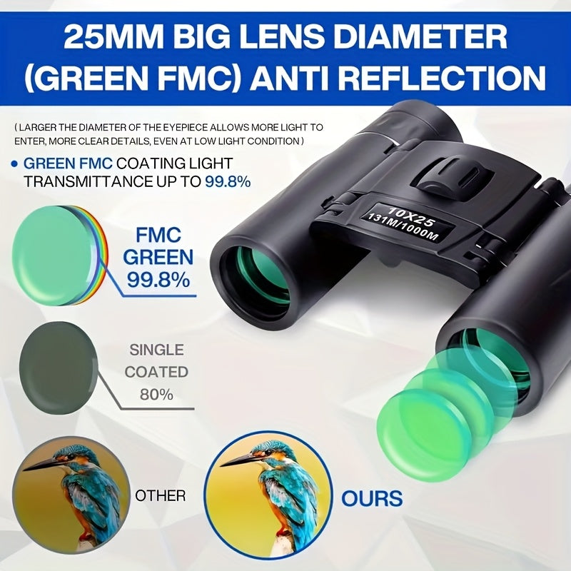 10x25 Pocket Binoculars with Smartphone Adapter Compact Lightweight High-Power Magnification for Bird Watching Hunting Concerts Hiking Travel Camping Adults Kids