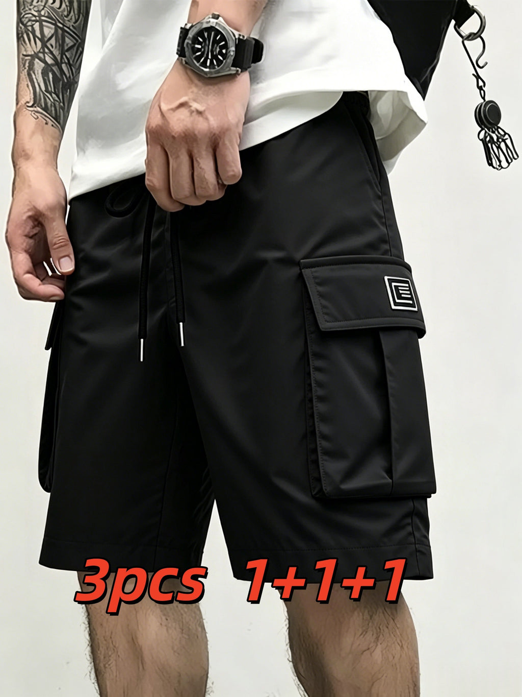 Men's Cargo Shorts 3-Pack Multi-Pocket Bermuda – Elastic Waist Drawstring Loose Knee-Length, Lightweight Breathable Outdoor Shorts for Camping Hiking Jogging Street Lounge S-XXXL