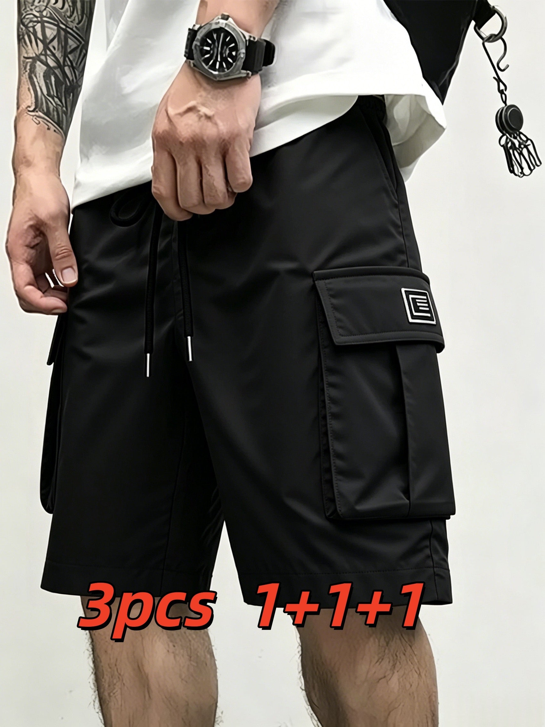 Men's Cargo Shorts 3-Pack Multi-Pocket Bermuda – Elastic Waist Drawstring Loose Knee-Length, Lightweight Breathable Outdoor Shorts for Camping Hiking Jogging Street Lounge S-XXXL