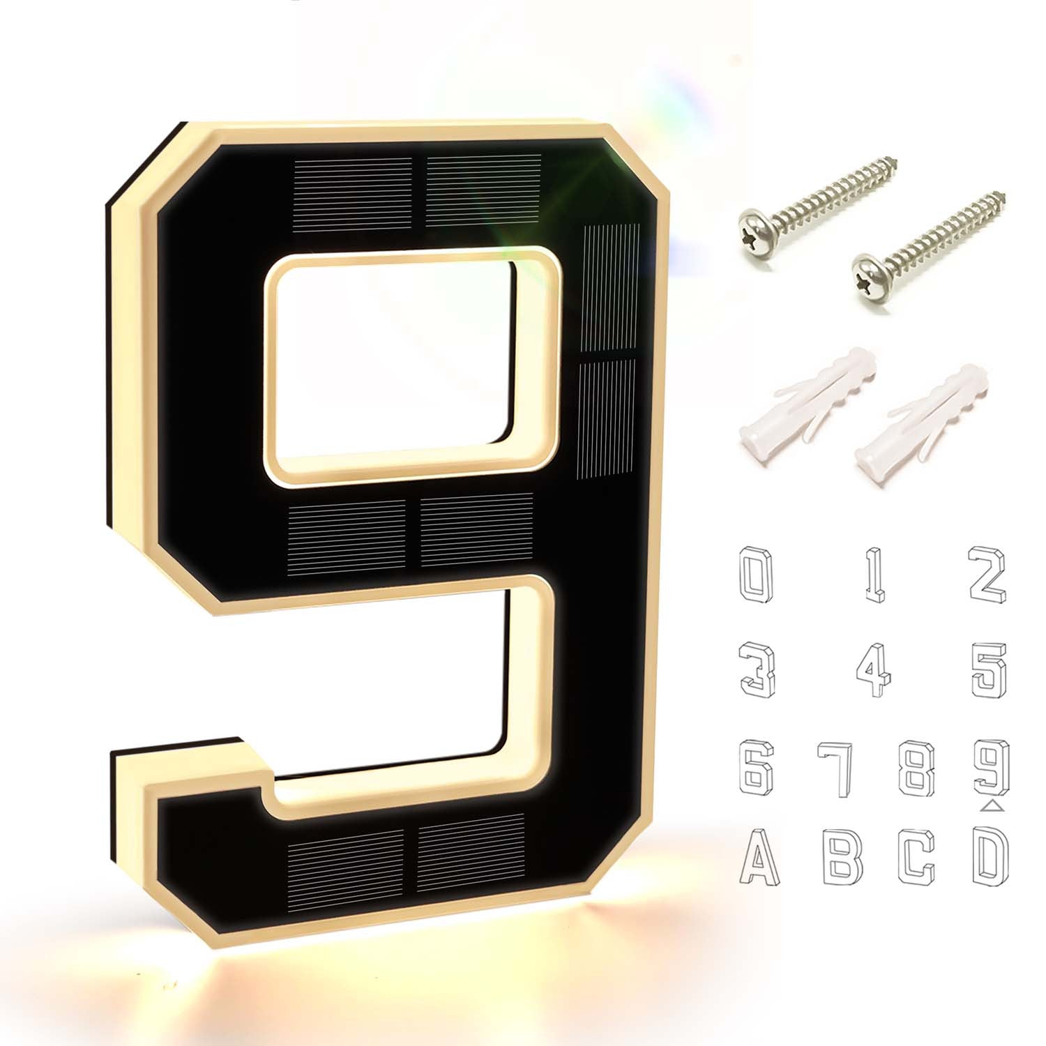 9 Inch Solar Lighted House Numbers for Outside - IP44 Waterproof, Auto Light Sensor, 9hr Illumination, Modern Exterior Address Sign, Numbers 0-9 & Letters A-D