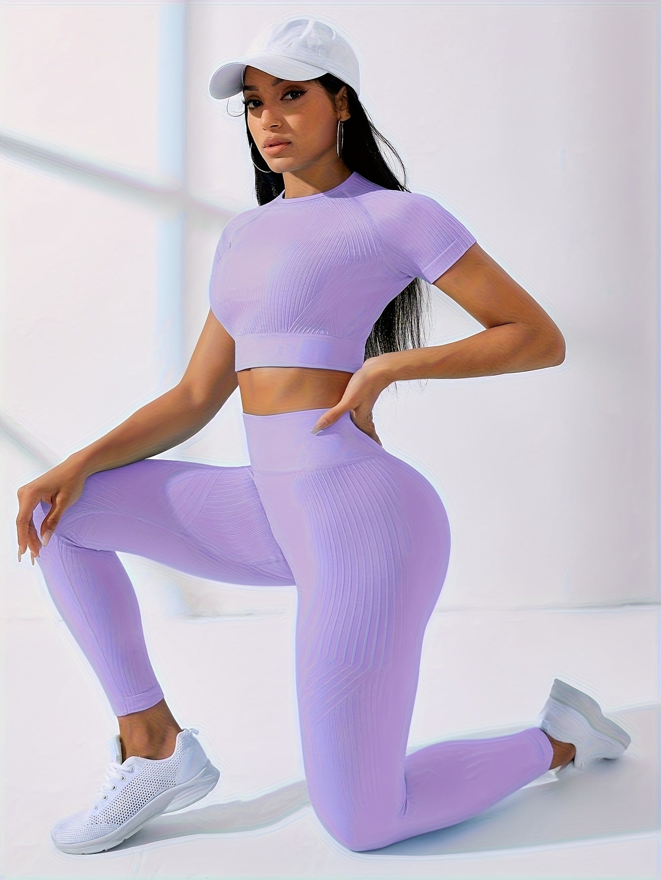 2PCS Women's Workout Set – Yoga Crop Top & Leggings, Crew Neck, Medium Stretch, Solid Color All-Season Activewear, XS-XL