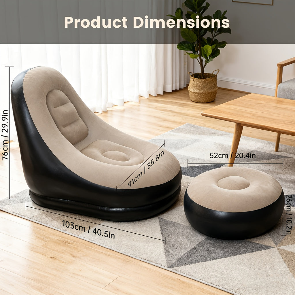 Inflatable Sofa with Footstool 2-Piece Set Heavy Duty Plush Fabric Portable Air Couch with Pump – Indoor Outdoor Camping Beach Backyard Lounge