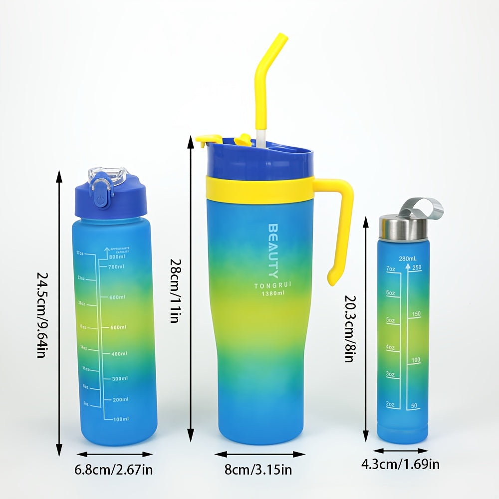 5-Piece Gradient Water Bottle Set 46oz 27oz 9oz with Straw Spill-Proof Lid & Stickers - BPA-Free Leak-Proof Plastic Sports Bottles for Gym Travel Outdoor Car Cup Holder - Gift Set